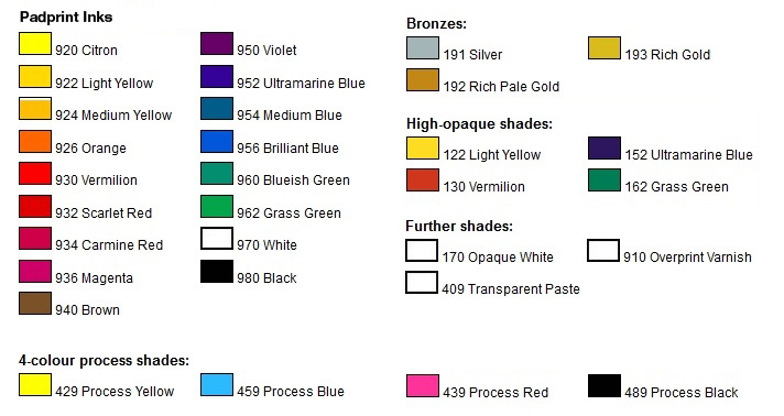 List of pad print colors