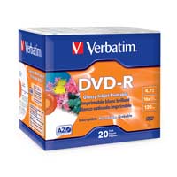 Verbatim 96113 DVD-R 4.7GB 16X White Glossy Inkjet Printable 20pk Slim Case
